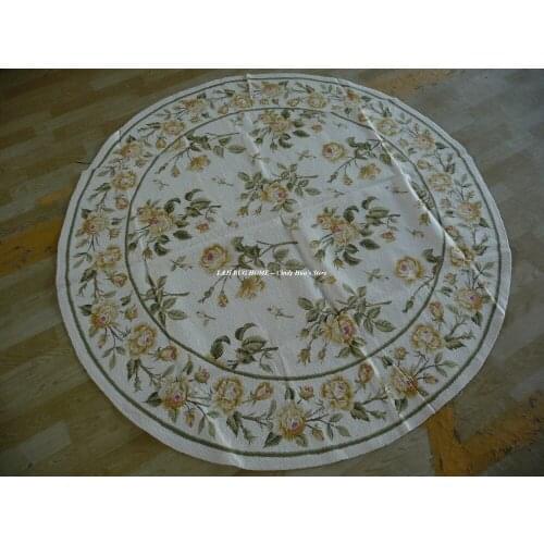 Free shipping 6' X 6' Round Handmade Floral Yellow Gold Roses Wool Needlepoint Area Rug New