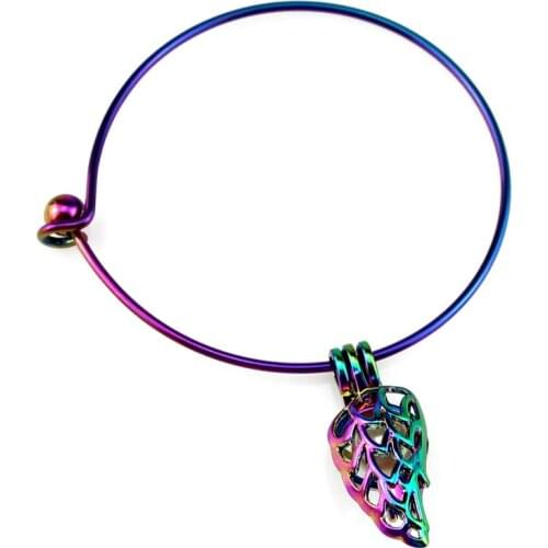 Rainbow Color Bangle Bracelet Pick a Pearl Cage Dangle Feather Wing Pendant B-C837