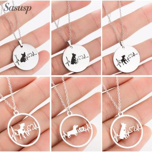Vintage Bull Terrier Corgi Dog Heartbeat Necklace Women Stainless Steel Animal Pendant Chain Valentines Birthday Jewelry Gift