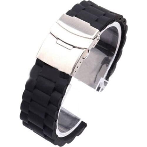 Black Silicone Rubber Watch Strap Band Deployment Buckle Waterproof 20mm 22mm W2952001