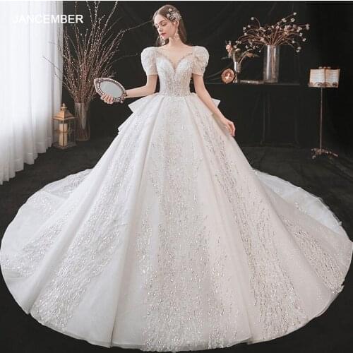 HLF09 Wedding Dresses Lace Up Back Short Sleeve Beading Crystal Ball Gown Vestidos De Novia Corte Princesa Slub Düğün