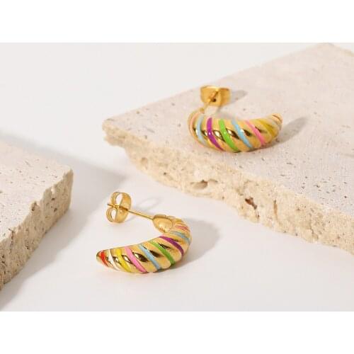 INS Hottest Hollow Stainless Steel Croissant Earrings Jewelry Small Enamel Gold Plated Colorful Hoop Earrings