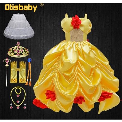 Beauty and the Beast Princess Belle Dress for Girls Halloween Belle Costume Flower Girl Yellow Tiered Dresses Girls Fairy Frocks