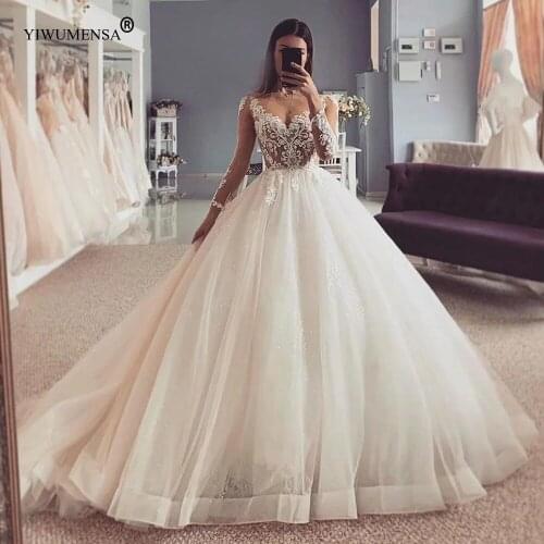 A88 Sparkly Tulle Long Sleeves Lace A Line Dress For Women Wedding Party Bridal Gown Elegant Appliques Bride Vestidos De Noiva