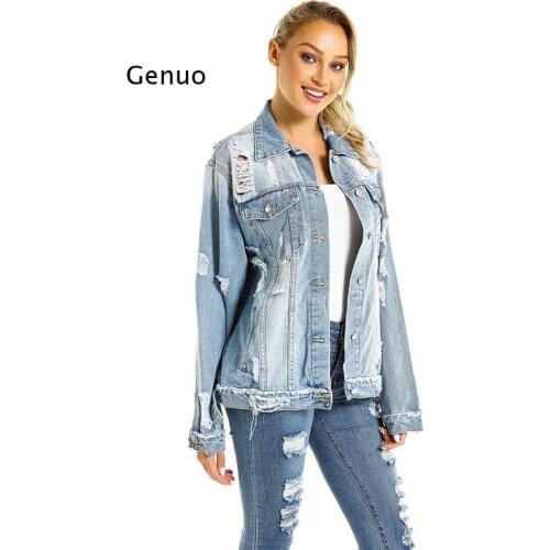 Women Denim Loose Coat Holes Blue Female Vintage Casual Jacket Single Breasted Lady Outwear Spring Autumn Fashion