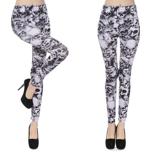 Summer Fashion Women Leggings Punk High Waist Elastic Skull Printed Milk Fiber Slim Tattoo Leggings Female Pants Trousers Casual
