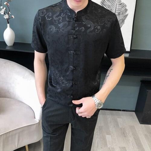 Chinese Style Buckle Dragon Printed Summer New Mens Clothing Retro Trend Shirt Cardigan Short Sleeve Shirts Men Dress Shirts