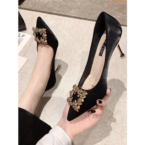 2021 spring and autumn new womens high heels with rhinestone square buckle stiletto high heel pointed pumps