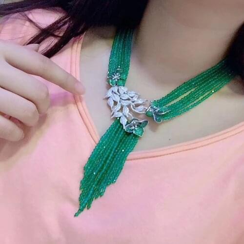 Green color necklace multi layers natural semi-precious stone necklace 925 sterling silver with cubic zircon flower tassels
