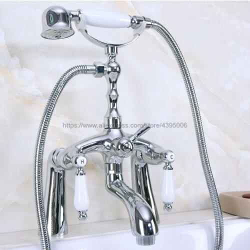 Polished Chrome Dual Handles Bathtub Faucet Deck Mounted Swive Spout with Handshower Tub Mixer Tap Bna105
