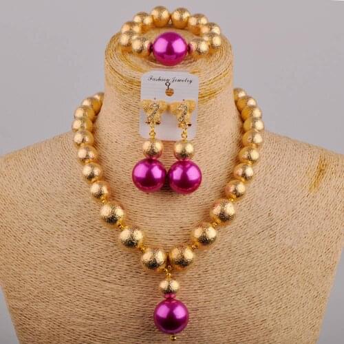 Simple Wedding Dress Accessories Fuchsia Pink Glass Pearl Necklace Nigeria Wedding African Bride Wedding Jewelry Set SH-72