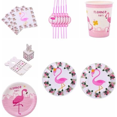 Pink Flamingo Pattern Hawaii Theme Tableware Paper Cup Plate Flag Popcorn Box Girls Favor Birthday Wedding Party Decoration