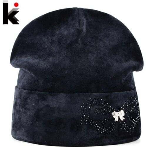 Winter Beanies Bonnet Hat For Women Rhinestone Butterfly Velvet Caps Ladies Skies Thick Fluff Skullies Hats Femal Touca inverno