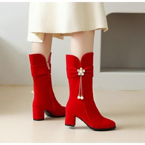 Sianie Tianie Winter Velvet Velour Chic Red Black Chunky Heels Womans Shoes Mid-calf Fur Boots With Pearls Pendant Decoration