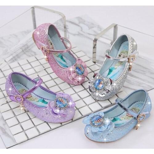Girls Flat Shoes With Sequins Frozen Princess Elsa Dress Shoes Children Pu Leather Cospaly Shoes Disney Kids Sandals 4 Colors