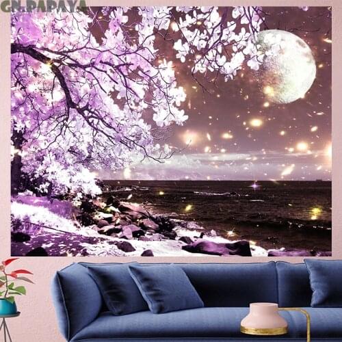 Cherry blossoms landscape tapestry Scenic romantic Wall Hanging farmhouse decor hippie 3d moon pink goblen Polyester Yoga mat