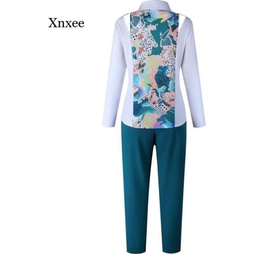 New Print Trousers 2 Piece Sets for Women Elastic Straight Pants Rock Style Dashiki Long Sleeve Shirts Suit Lady African Clothes