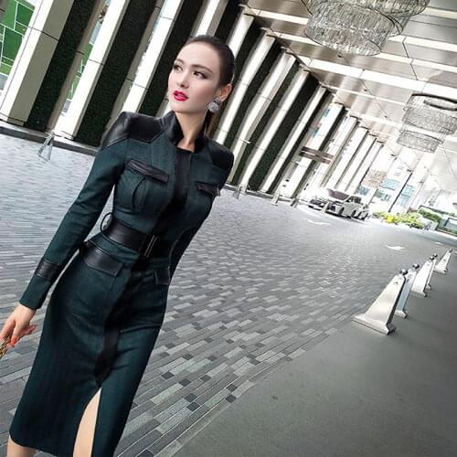 2021 Women Spring Summer New Casual Long Sleeve Dress Female Stand Collar PU Leather Patchwork Dresses Lady Elegant Vestido H563