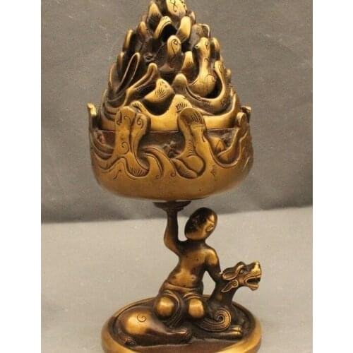 12"Chinese Folk Bronze Feng Shui Old Sit Dragon Buddha lift hill Incense Burner