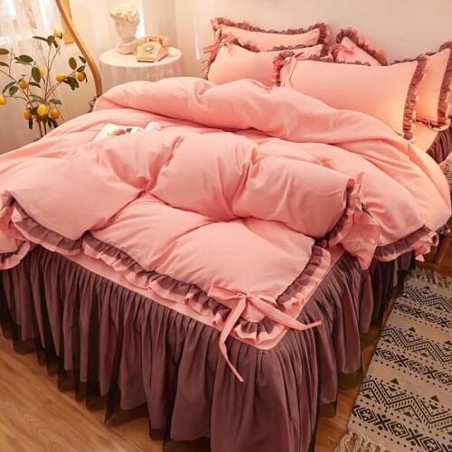2020 Home Textile Solid Color Duvet Cover Pillow Case Bed Sheet Girl Princess Room Bedding Cotton Set King Queen Twin