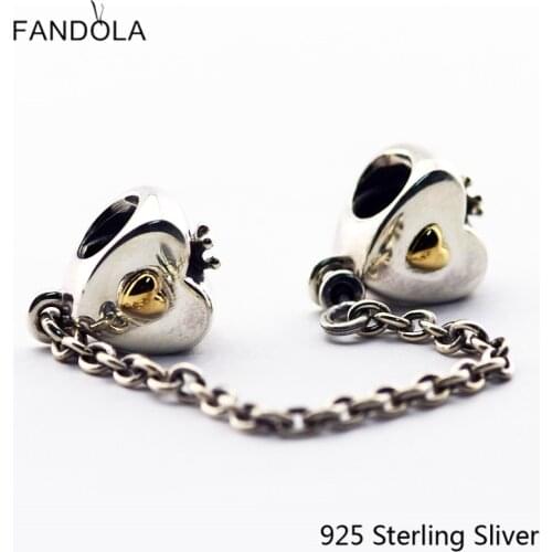 CKK 925 Sterling Silver Heart & Crown Safety Chain 14K Gold Original Charms Fits Bracelets DIY Jewelry