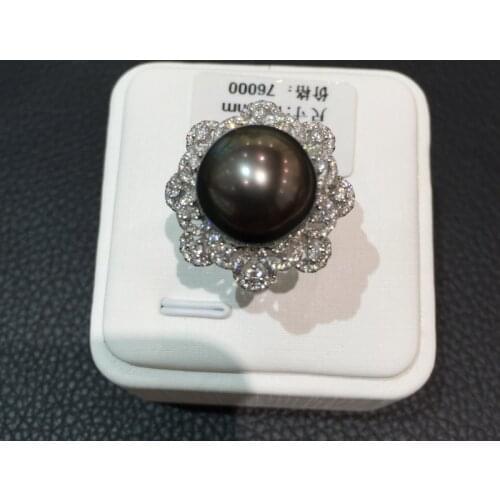 13-14MM Natural black pearl ring 18K whtie gold with diamond tahiti pearl flower big pearl ring fine women jewelry