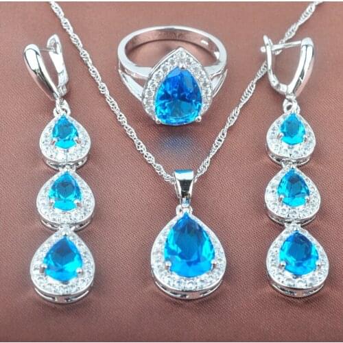 Christmas Gift Water Drop Sky Blue Zirconia Womens Jewelry Sets Necklace Pendant Earrings Rings TZ0182