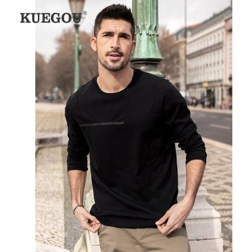 KUEGOU 100% Cotton Spring Fashion Clothing Men‘s T-shirt Long Sleeve Simple Tshirt Black Top&Tee Plus Size ZT-88032