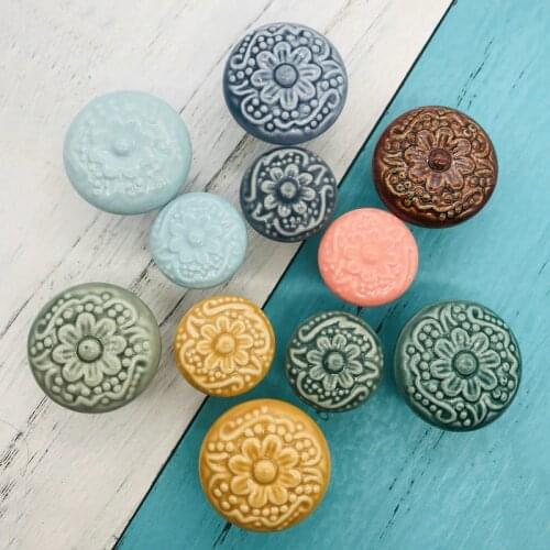 Mix Vintage Look Emboss Design Ceramic Knobs Door Handle Colorful Cabinet Drawer Cupboard Pull Kitchen Furniture Hardware 1pcs