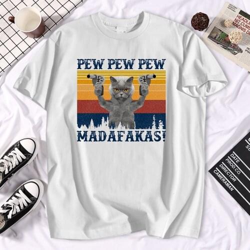 Pew Pew Pew Double Gun Cat Print Men T Shirts Fashion Oversize T-Shirts Simplicity Crewneck Tshirt Cool Breathable Male Clothing