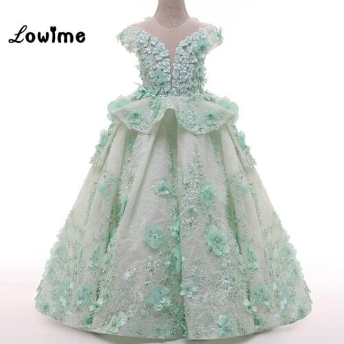 Mint Green Lace Flower Girl Dresses with Flowers Pearls Pretty Kids Prom Party Dress Short Sleeve Children Gown Custom Made