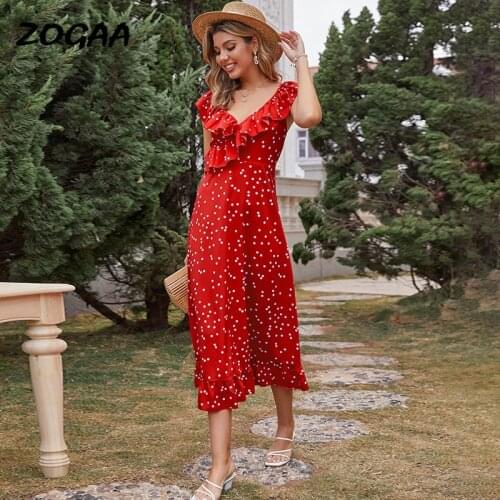 ZOGAA Dress Women Spring New High Waist Ruffled Slim Polka Dot Sleeveless Red Print Mid-Calf V-Neck Elegant Hot Sale Chic Beach