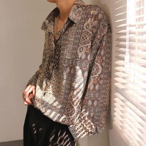 Printed shirt mens tops 2021 spring summer Korean fashion vintage pattern ethnic style long-sleeved loose design niche clothes