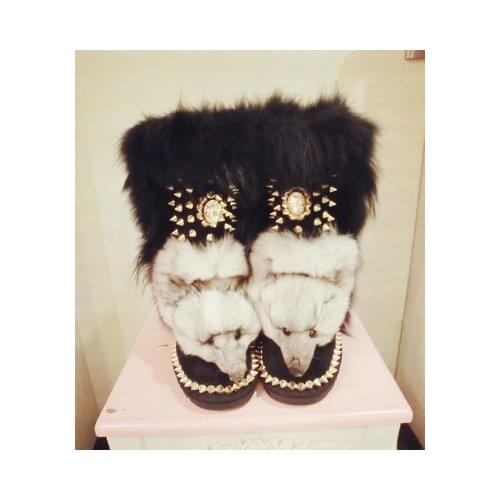 Top custom high-end real fox fur really fox head thick snow boots real cowhide warm rhinestone gemstone cotton boots
