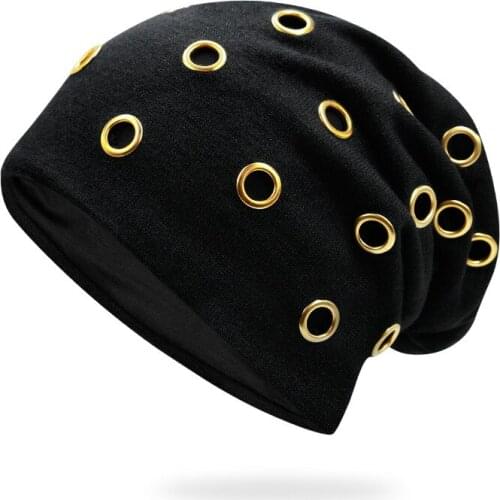 Szblaze Unisex Winter Thermal Punk Style Hat Beanies Skullies With Metal Rings Hip Hop Casual Caps for 56cm to 60cm Heads