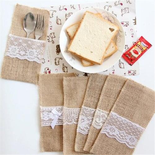 10Pcs Vintage 4"x8" Jute Burlap Lace Tableware Pouch Packaging Fork & Knife Burlap Holder Cutlery Pocket For Wedding Decoration