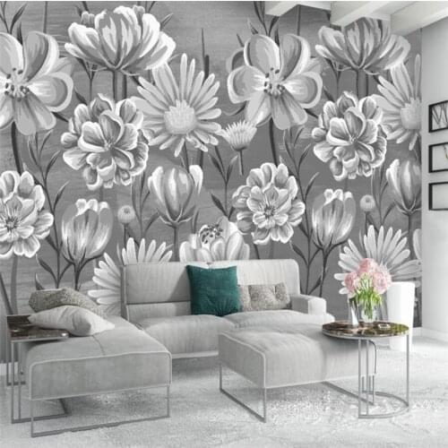 Wellyu Nordic simple small fresh hand painted black and white flowers watercolor style wall custom large mural wallpaper