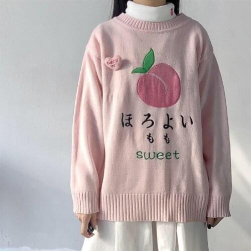 Japanese cute pink sweater Preppy style Harajuku strawberry embroidery sweet beauty sweater Korean kawaii girl knitted sweater