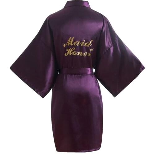 Women Purple Maid of Honor Robes Satin Kimono Wedding Party Getting Ready Robe with Gold Glitter