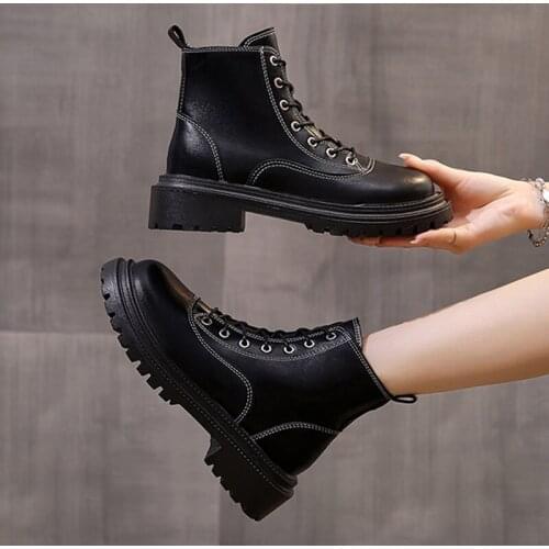 Women Classic Black Handsome Ankle Boots Female Lace Up Side Zipper Thick Heels Shoes PU Leather Waterproof Footwear For Lady