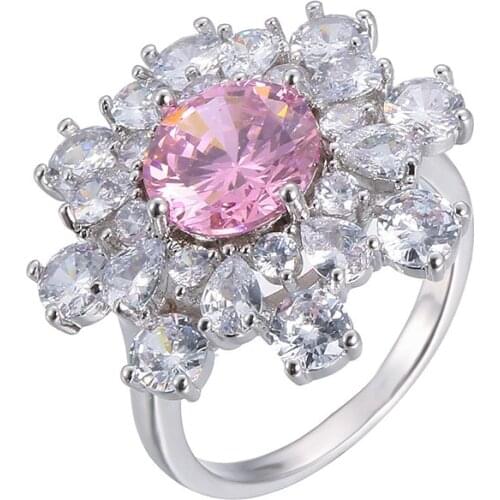 Women Rings Pink Zircon Flower Shape Silver Plated Rings Stylish Simple Banquet Engagement Ring Designed For Women Gift For Girl