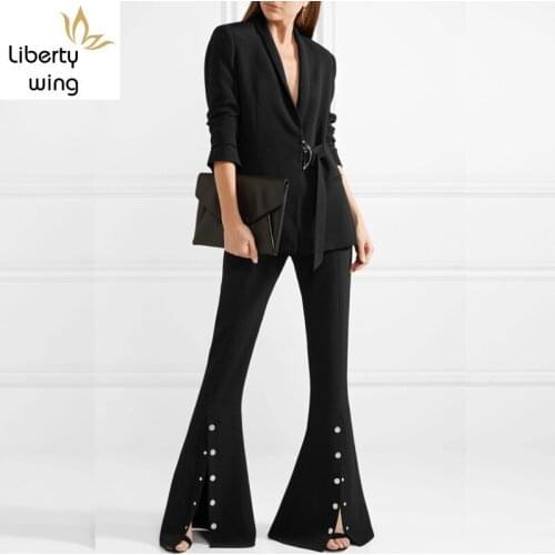 Womens 2020 Summer Black High Waist Wrap Slim Fitness Trousers Femme Silver Button Split Flare Pants Elegant Office Lady
