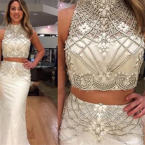 Sexy Halter Mermaid Evening Prom Gown Charming Two Piece Set Crystal Wedding Party Dresses