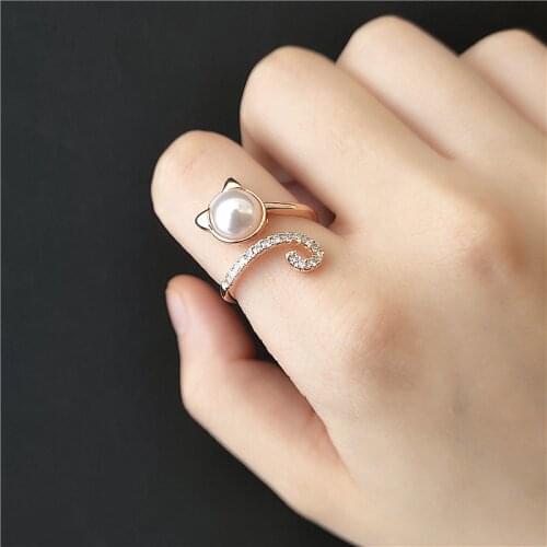 Cute Simulated Pearl Cat Ring Zirconia Adjustable Rings For Women Girls Fashion Gift Jewelry Wholesale