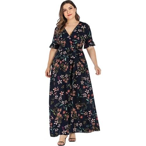 Floral Boho Beach Dress Plus Size Women Summer V Neck Ruffles Short Sleeve Flower Maxi Long Dresses Belted Ladies Tunic Dress