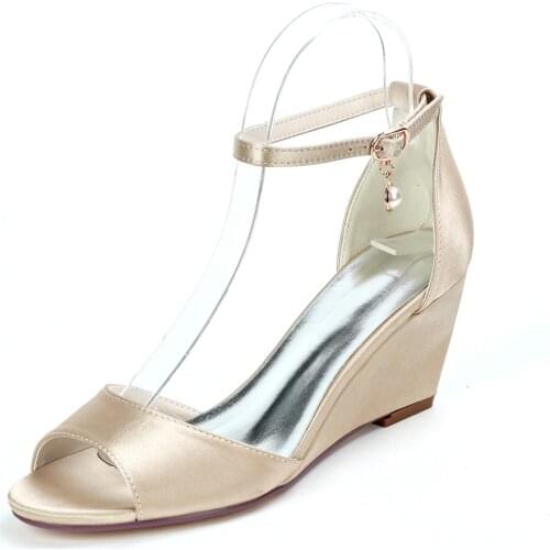 Wedge Heels Satin Wedding Sandals Shoes for Bride Women Open Toe Ankle Buckle Strap Heels Prom Evening Formal Party Dress Shoes