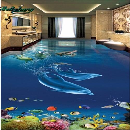 Beibehang Dolphins turtle underwater world 3D stereo bathroom living room floor tiles large custom wallpaper murals
