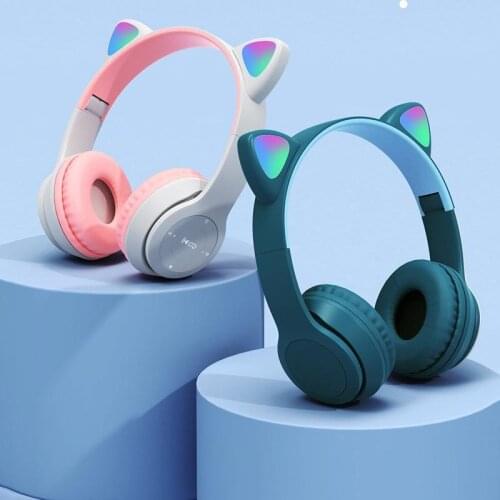 LED Light Cute Cat Ears Bluetooth Wireless Wired Headphone With Mic Can Control LED Kid Girl Stereo Music Helmet Phone Headsets