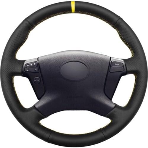 Black Artificial PU Faux Leather Yellow Marker DIY Custom Hand-stitched Car Steering Wheel Cover for Toyota Avensis 2003-2007