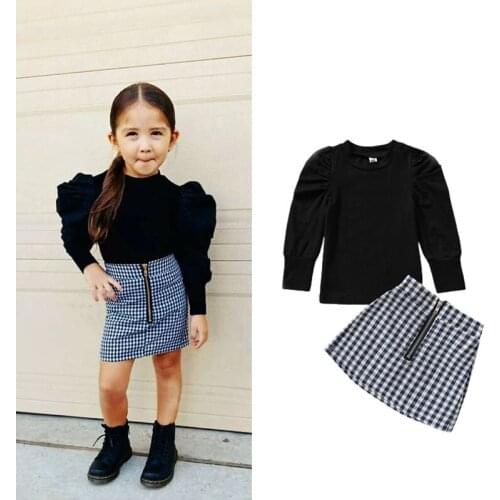 1-4 Years Kids Girl Spring Fall Outfits Fashion Solid Black Long Sleeve T-Shirt Plaid Short Skirt Set Infant Girls Clothes Set